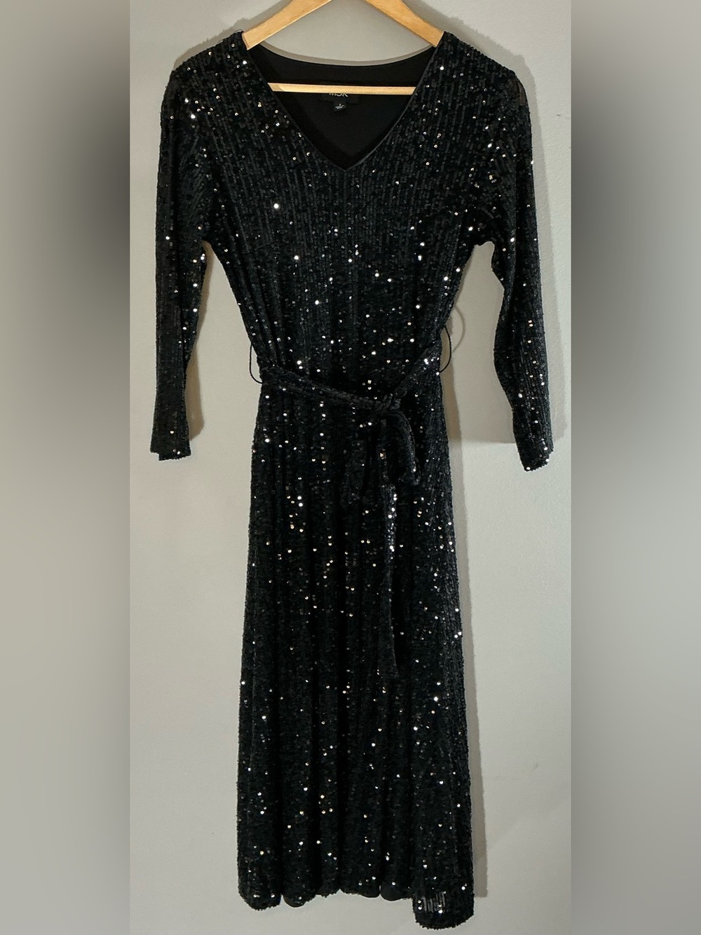 MSK Black Sequin V-Neck Wrap Tie Midi Dress S